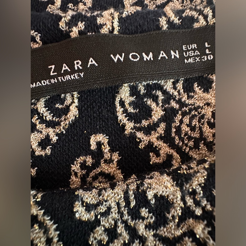 Zara Woman short sleeve gold metallic threading mini jacquard L navy blue dress - Picture 10 of 14